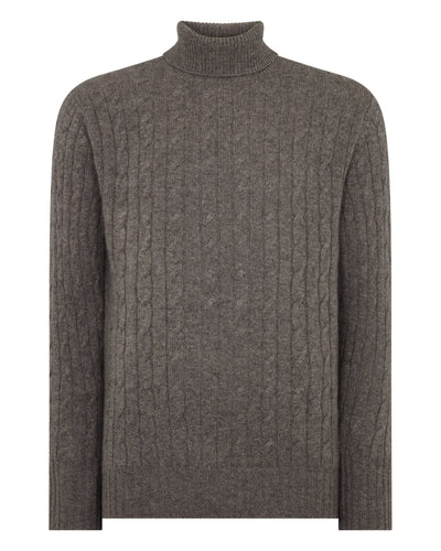 N.Peal Men's Berwick Cable Roll Neck Cashmere Jumper Wood Smoke Brown