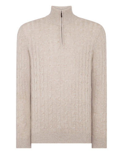 N.Peal Men's Albemarle Cable Half Zip Cashmere Jumper Toasted Sesame Brown