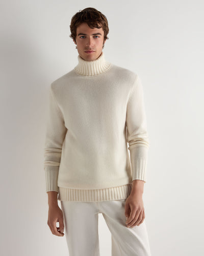 N.Peal Men's Brompton Roll Neck Cashmere Jumper New Ivory White