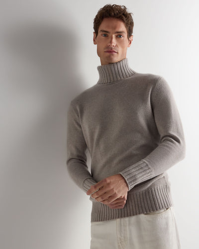 N.Peal Men's Brompton Roll Neck Cashmere Jumper Oat Grey