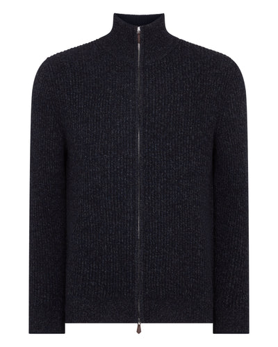 N.Peal Men's Lambeth Rib Full Zip Cashmere Cardigan Ink Blue Melange