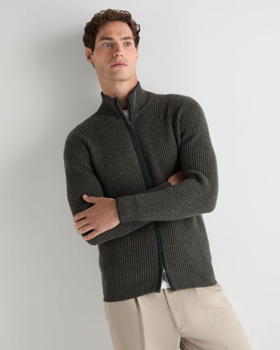 N.Peal Men's Lambeth Rib Full Zip Cashmere Cardigan Grey Moss