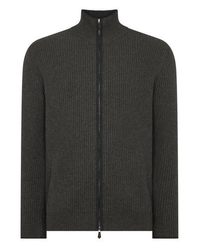 N.Peal Men's Lambeth Rib Full Zip Cashmere Cardigan Grey Moss