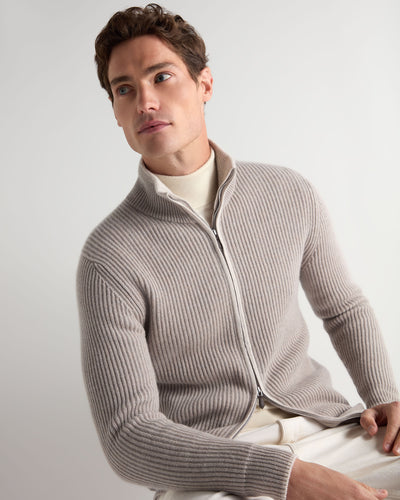 N.Peal Men's Lambeth Rib Full Zip Cashmere Cardigan Oat Grey