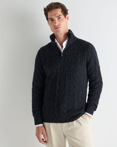 N.Peal Men's Fur Trim Half Zip Cashmere Jumper Ink Blue Melange