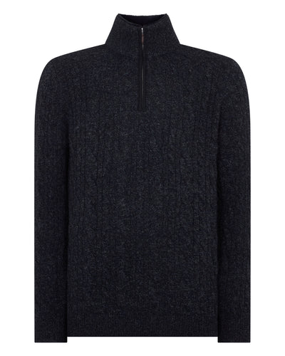 N.Peal Men's Fur Trim Half Zip Cashmere Jumper Ink Blue Melange
