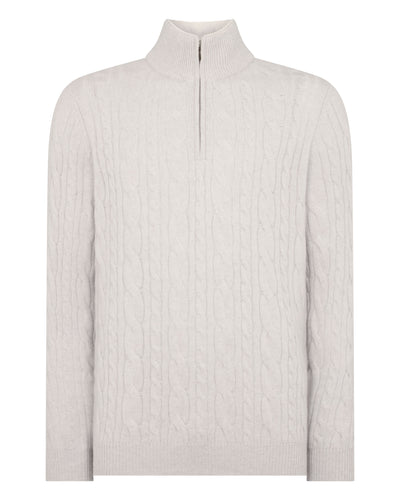 N.Peal Men's Fur Trim Half Zip Cashmere Jumper Pebble Grey