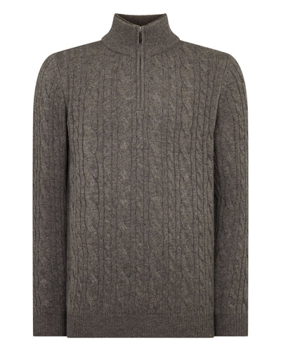 N.Peal Men's Fur Trim Half Zip Cashmere Jumper Wood Smoke Brown
