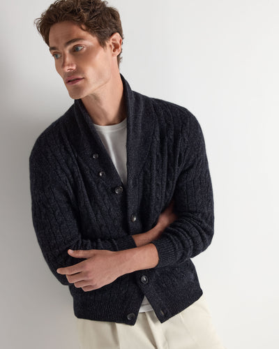 N.Peal Men's Garrick Shawl Cable Cashmere Cardigan Ink Blue Melange