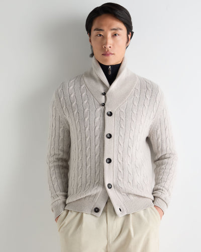 N.Peal Men's Garrick Shawl Cable Cashmere Cardigan Arctic Grey Melange