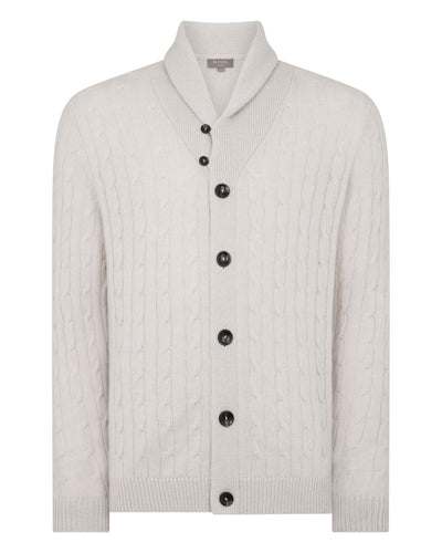 N.Peal Men's Garrick Shawl Cable Cashmere Cardigan Arctic Grey Melange