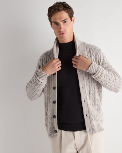 N.Peal Men's Garrick Shawl Cable Cashmere Cardigan Oat Grey