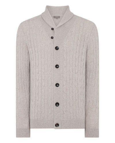 N.Peal Men's Garrick Shawl Cable Cashmere Cardigan Oat Grey