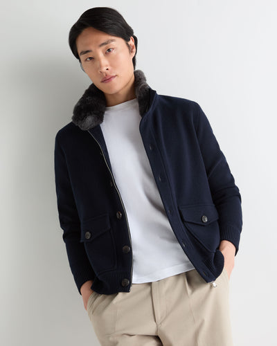 N.Peal Men's Knitted Cashmere Jacket With Fur Trim Navy Blue