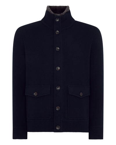 N.Peal Men's Knitted Cashmere Jacket With Fur Trim Navy Blue