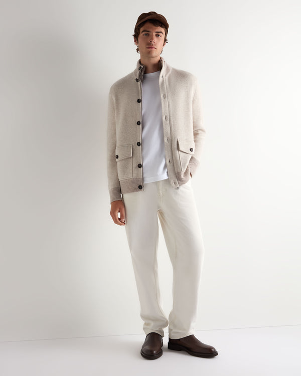 N.Peal Men's Herringbone Cashmere Jacket With Fur Trim Sand Brown