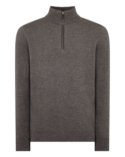 N.Peal Men's Fur Trim Half Zip Cashmere Jumper Wood Smoke Brown