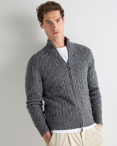 N.Peal Men's Cable Knit Zip-Up Cashmere Cardigan Elephant Grey Melange