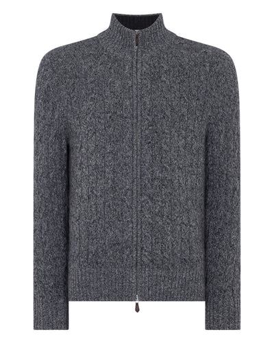 N.Peal Men's Cable Knit Zip-Up Cashmere Cardigan Elephant Grey Melange