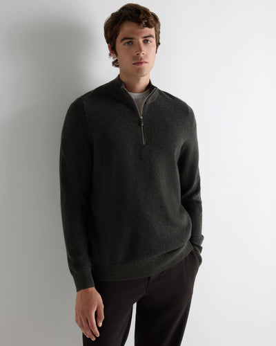 N.Peal Men's Temple Jacquard Half Zip Cashmere Jumper Grey Moss