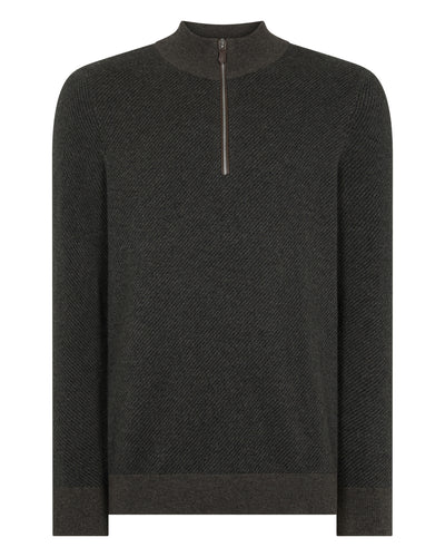 N.Peal Men's Temple Jacquard Half Zip Cashmere Jumper Grey Moss