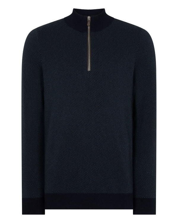 N.Peal Men's Temple Jacquard Half Zip Cashmere Jumper Navy Blue