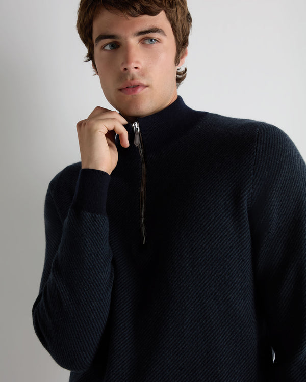 N.Peal Men's Temple Jacquard Half Zip Cashmere Jumper Navy Blue