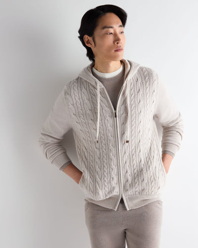 N.Peal Men's Fulham Cable Zip Cashmere Hoodie Arctic Grey Melange
