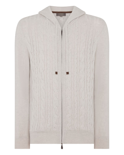 N.Peal Men's Fulham Cable Zip Cashmere Hoodie Arctic Grey Melange