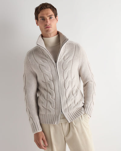 N.Peal Men's Chunky Cable Full Zip Cashmere Jumper Pebble Grey