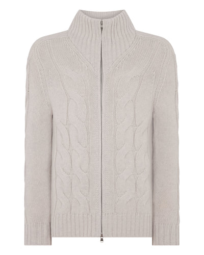 N.Peal Men's Chunky Cable Full Zip Cashmere Jumper Pebble Grey
