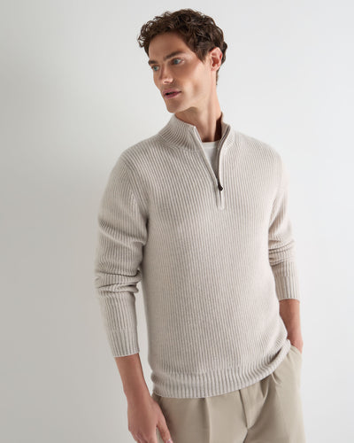 N.Peal Men's Ribbed Half Zip Cashmere Jumper Arctic Grey Melange