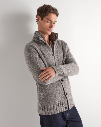 N.Peal Men's Button Through Cashmere Cardigan With Fur Trim Soft Truffle Brown Melange