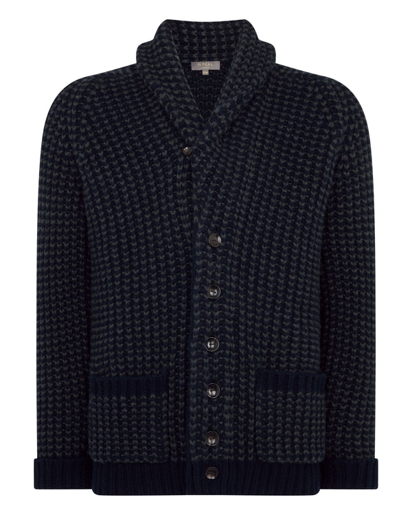 N.Peal Men's Textured Kensington Cashmere Cardigan Navy Blue