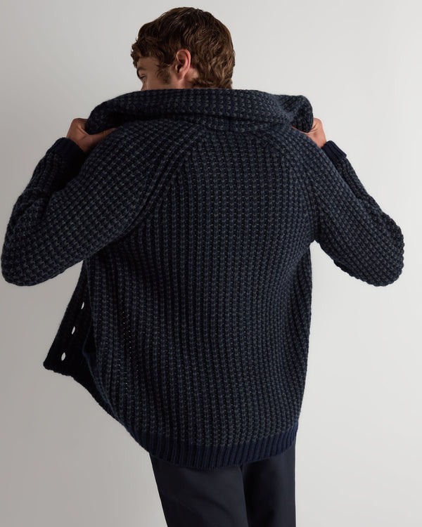 N.Peal Men's Textured Kensington Cashmere Cardigan Navy Blue