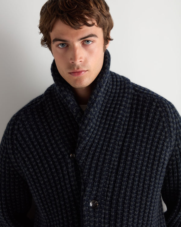 N.Peal Men's Textured Kensington Cashmere Cardigan Navy Blue