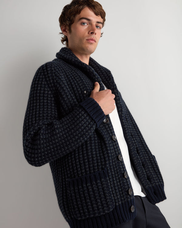 N.Peal Men's Textured Kensington Cashmere Cardigan Navy Blue