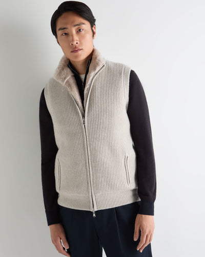 N.Peal Men's Ribbed Fur Lined Cashmere Gilet Pebble Grey