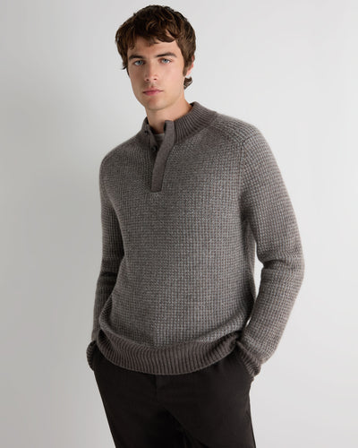 N.Peal Men's Waffle Knit Half Button Cashmere Jumper Biscotti Brown