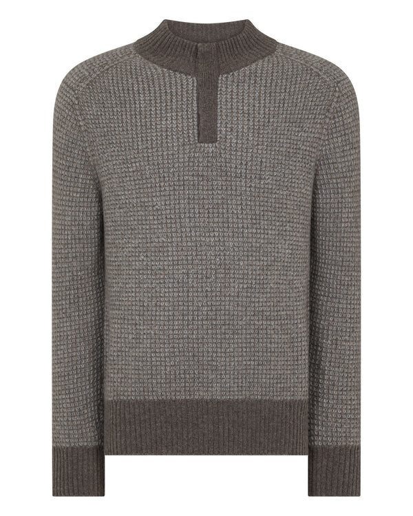 N.Peal Men's Waffle Knit Half Button Cashmere Jumper Biscotti Brown