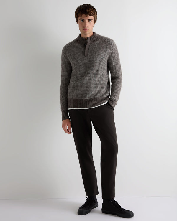 N.Peal Men's Waffle Knit Half Button Cashmere Jumper Biscotti Brown