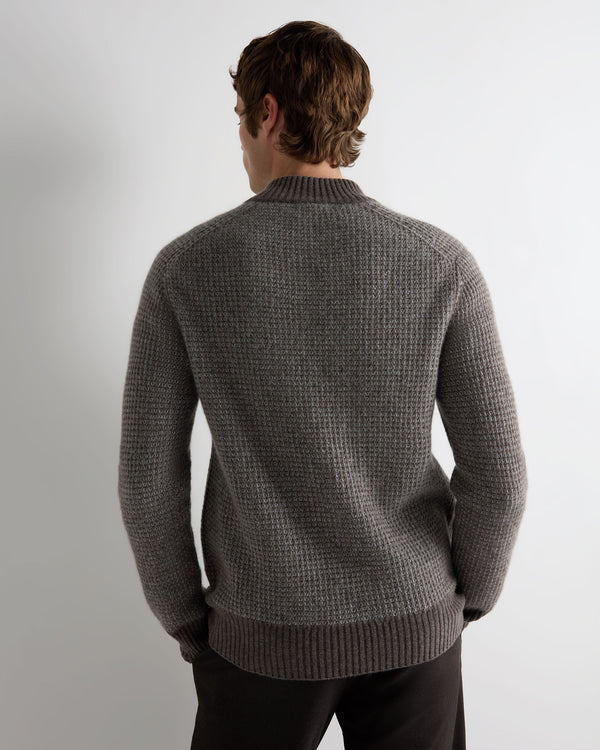 N.Peal Men's Waffle Knit Half Button Cashmere Jumper Biscotti Brown