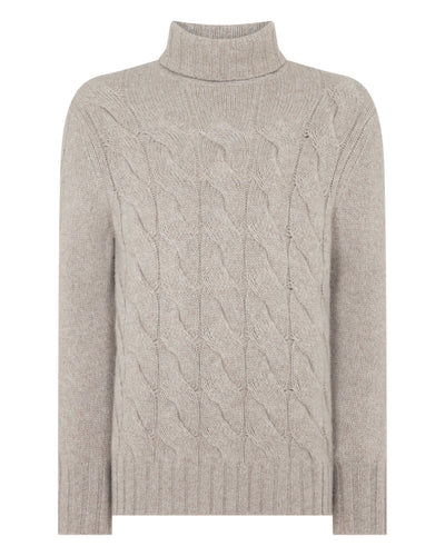 N.Peal Men's Heavyweight Cable Roll Neck Cashmere Jumper Basilica Beige Brown Marl