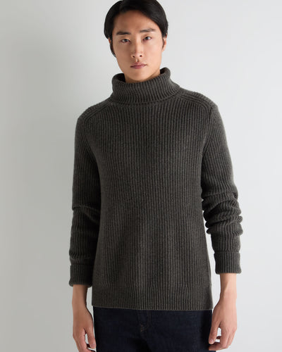 N.Peal Men's English Rib Roll Neck Cashmere Jumper Grey Moss