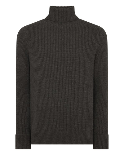 N.Peal Men's English Rib Roll Neck Cashmere Jumper Grey Moss
