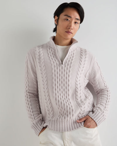 N.Peal Men's Aran Half Zip Cashmere Jumper Snow Grey