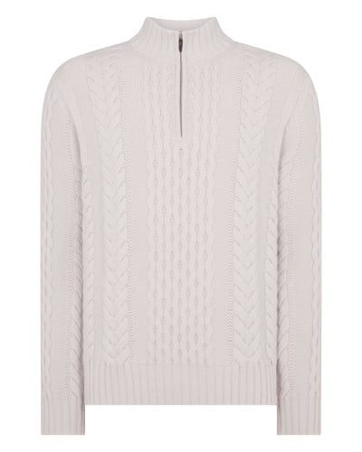 N.Peal Men's Aran Half Zip Cashmere Jumper Snow Grey