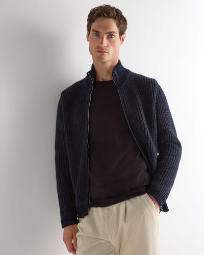 N.Peal Men's Waffle Knit Full Zip Cashmere Jumper Navy Blue