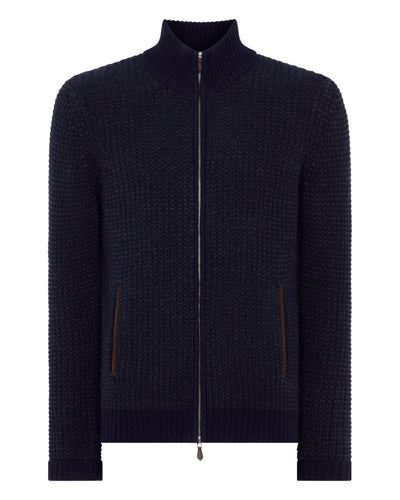 N.Peal Men's Waffle Knit Full Zip Cashmere Jumper Navy Blue