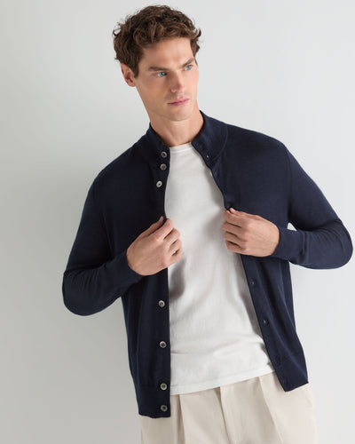 N.Peal Men's Buttoned Fine Gauge Cashmere Jumper Navy Blue
